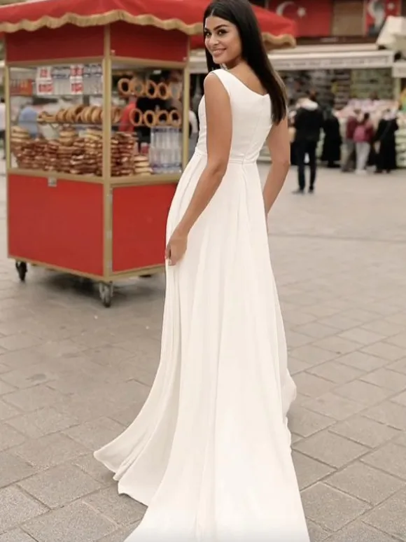Simple Wedding Dress Satin Fabric Jewel Neck Sleeveless A-Line Bridal Dresses