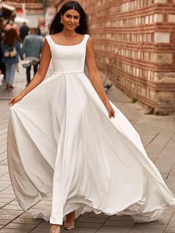 Simple Wedding Dress Satin Fabric Jewel Neck Sleeveless A-Line Bridal Dresses
