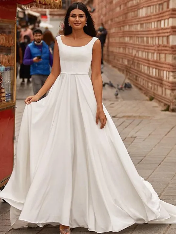 Simple Wedding Dress Satin Fabric Jewel Neck Sleeveless A-Line Bridal Dresses