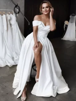 Simple Wedding Dress Satin Fabric Off The Shoulder Sleeveless Split Front A Line Bridal Dresses With Train