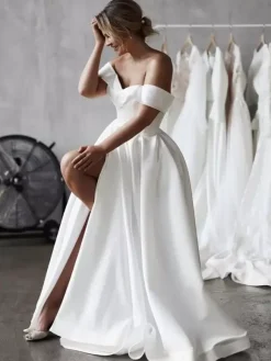 Simple Wedding Dress Satin Fabric Off The Shoulder Sleeveless Split Front A Line Bridal Dresses With Train