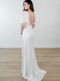 Simple Wedding Dress Satin Fabric V-Neck Short Sleeves Split Front Mermaid Bridal Dresses