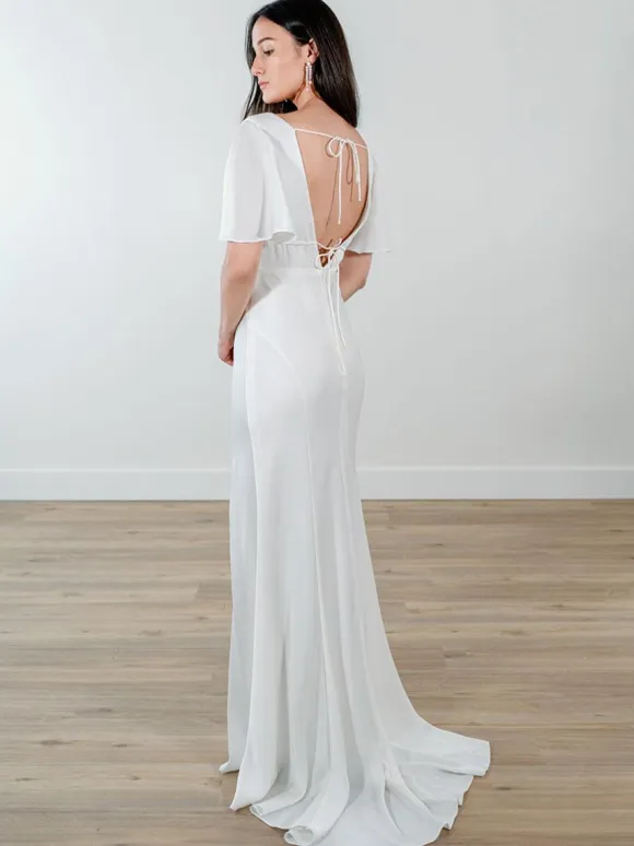 Simple Wedding Dress Satin Fabric V-Neck Short Sleeves Split Front Mermaid Bridal Dresses