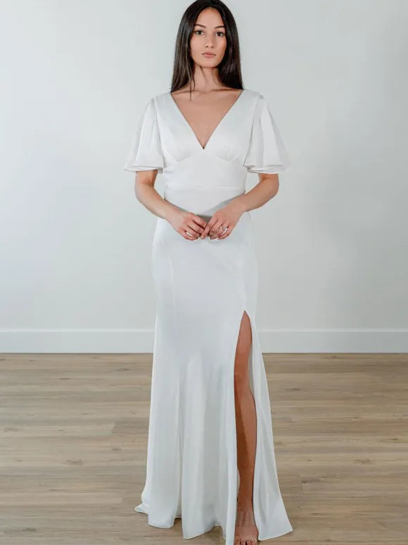 Simple Wedding Dress Satin Fabric V-Neck Short Sleeves Split Front Mermaid Bridal Dresses