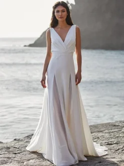 Simple Wedding Dress Satin Fabric V-Neck Sleeveless Lace A-Line Bridal Dresses