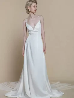 Simple Wedding Dress Sheath V-Neck Sleeveless Bows 30cm Bridal Gowns