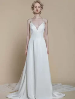 Simple Wedding Dress Sheath V-Neck Sleeveless Bows 30cm Bridal Gowns