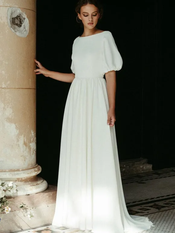 Simple Wedding Dress Stretch Crepe Jewel Neck Short Sleeves A-Line Bridal Dresses Free Customization