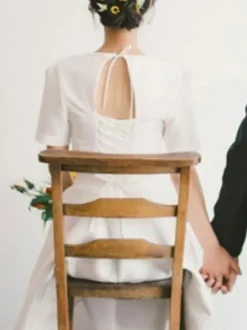 Simple Wedding Dress Stretch Crepe V-Neck Short Sleeves A-Line Bridal Dresses