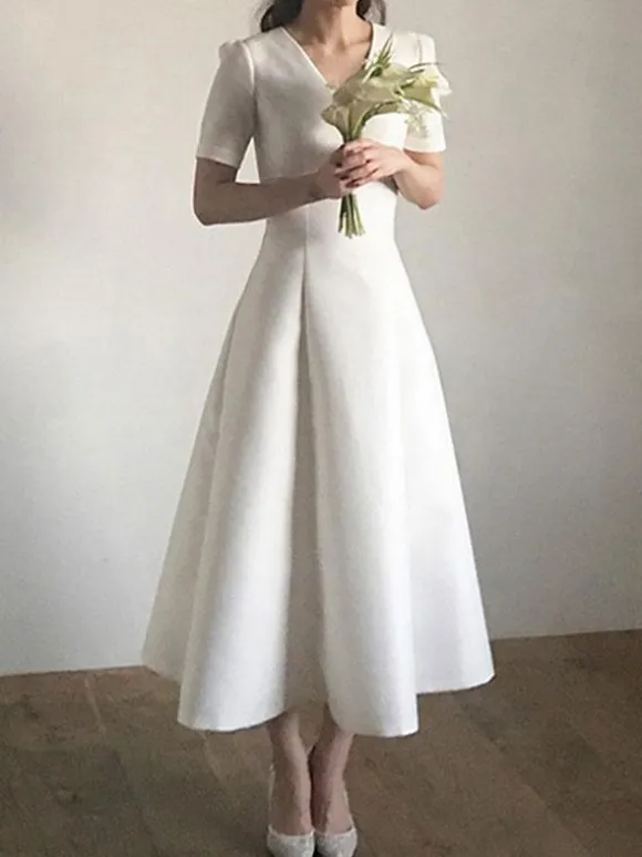 Simple Wedding Dress Stretch Crepe V-Neck Short Sleeves A-Line Bridal Dresses