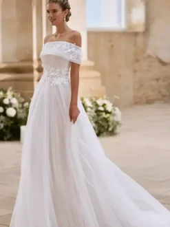 Simple Wedding Dress Tulle Strapless Short Sleeves Applique A-Line Bridal Gowns