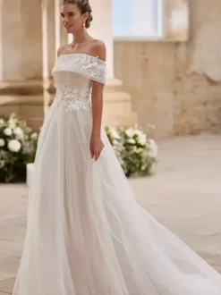 Simple Wedding Dress Tulle Strapless Short Sleeves Applique A-Line Bridal Gowns