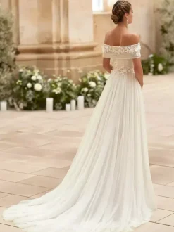 Simple Wedding Dress Tulle Strapless Short Sleeves Applique A-Line Bridal Gowns