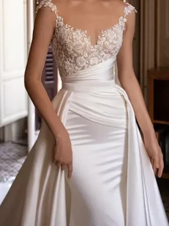 Simple Wedding Dress Two-piece V-Neck Sleeveless Pleated Bridal Dresses Detachable Train