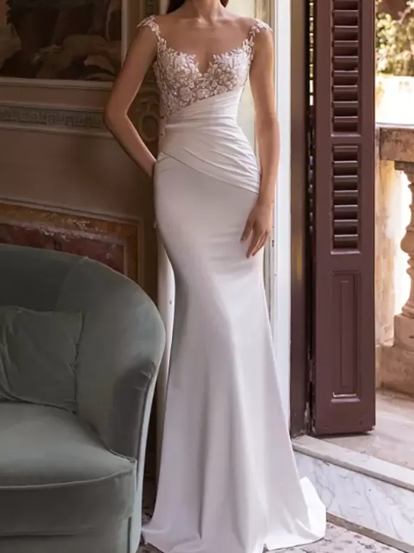 Simple Wedding Dress Two-piece V-Neck Sleeveless Pleated Bridal Dresses Detachable Train