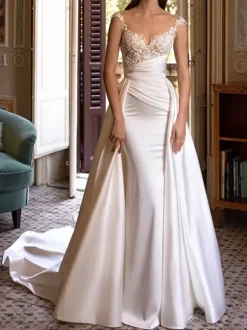 Simple Wedding Dress Two-piece V-Neck Sleeveless Pleated Bridal Dresses Detachable Train