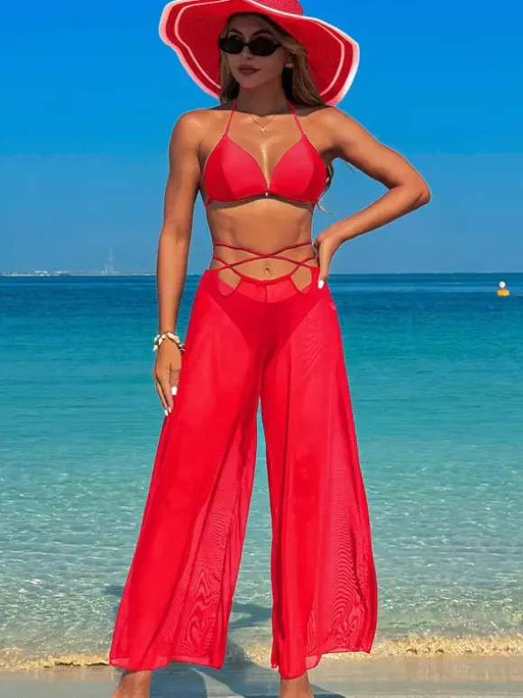 Simple Bikini And Sheer Beach Pants 3 Piece Set For Summer 2026