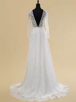 Simple Bohemian Wedding Dress Lace V-Neck Long Sleeve Back Zipper Short Train