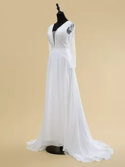 Simple Bohemian Wedding Dress Lace V-Neck Long Sleeve Back Zipper Short Train