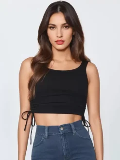 Simple Cami Tops Round Neck Drawstring Convertible Casual Camis