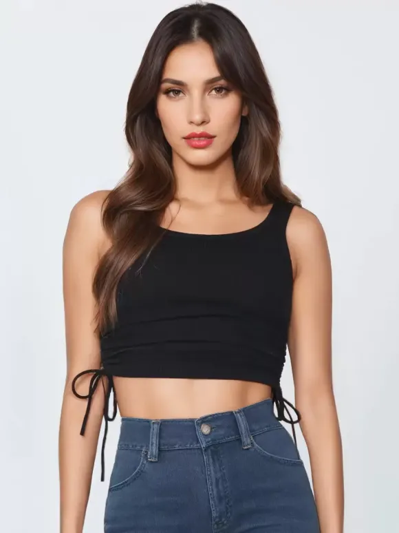 Simple Cami Tops Round Neck Drawstring Convertible Casual Camis