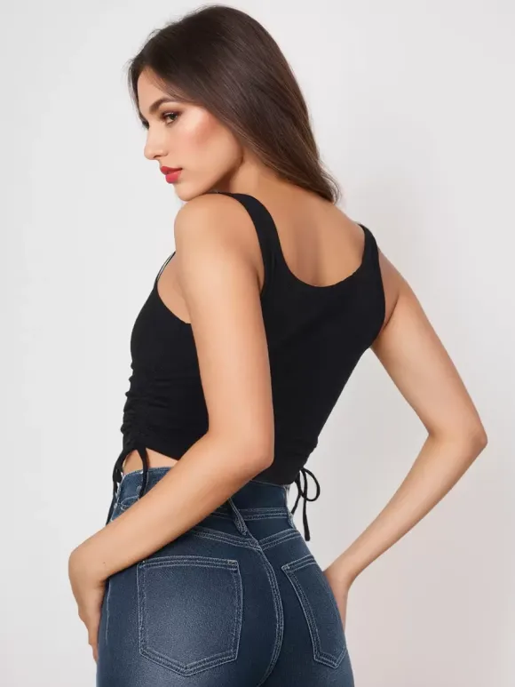 Simple Cami Tops Round Neck Drawstring Convertible Casual Camis
