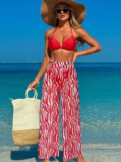 Simple Printed Bikini And Sheer Beach Pants 3 Piece Set For Summer 2026