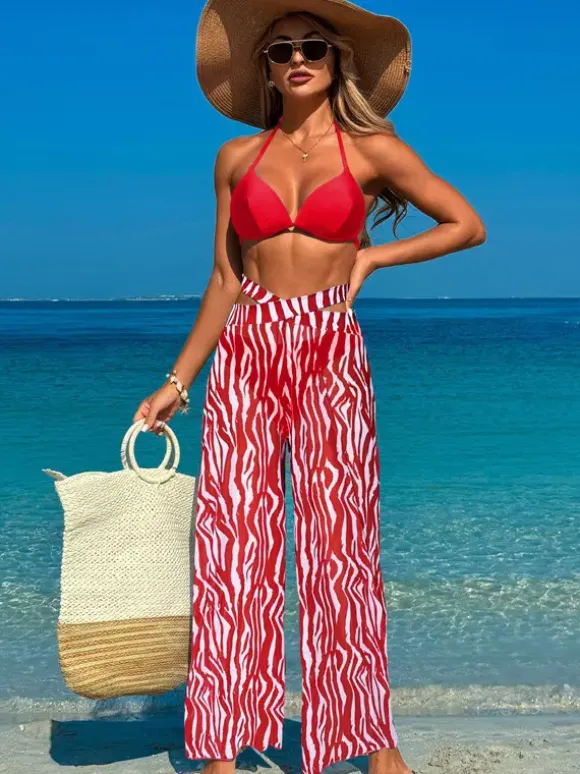 Simple Printed Bikini And Sheer Beach Pants 3 Piece Set For Summer 2026