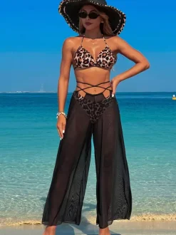 Simple Printed Bikini And Sheer Beach Pants 3 Piece Set For Summer 2026