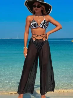 Simple Printed Bikini And Sheer Beach Pants 3 Piece Set For Summer 2026