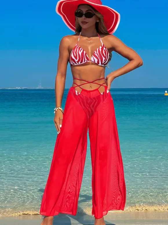 Simple Printed Bikini And Sheer Beach Pants 3 Piece Set For Summer 2026