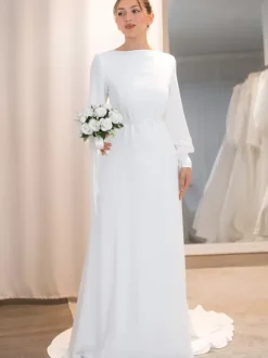 Simple Wedding Dress A-Line Jewel Neck Long Sleeves Bridal Dresses