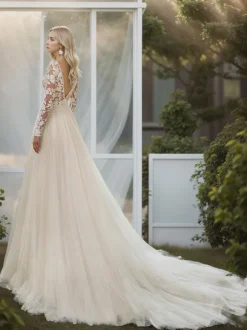 Simple Wedding Dress A-Line Jewel Neck Long Sleeves Lace Bridal Gowns