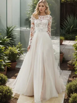 Simple Wedding Dress A-Line Jewel Neck Long Sleeves Lace Bridal Gowns