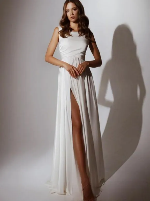 Simple Wedding Dress A-Line Jewel Neck Sleeveless Split Front Bridal Dresses