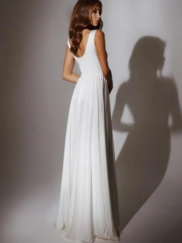 Simple Wedding Dress A-Line Jewel Neck Sleeveless Split Front Bridal Dresses