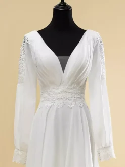 Simple Wedding Dress A-Line V-Neck Long Sleeves Cut Out 40cm Bridal Gowns