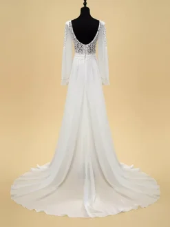 Simple Wedding Dress A-Line V-Neck Long Sleeves Cut Out 40cm Bridal Gowns