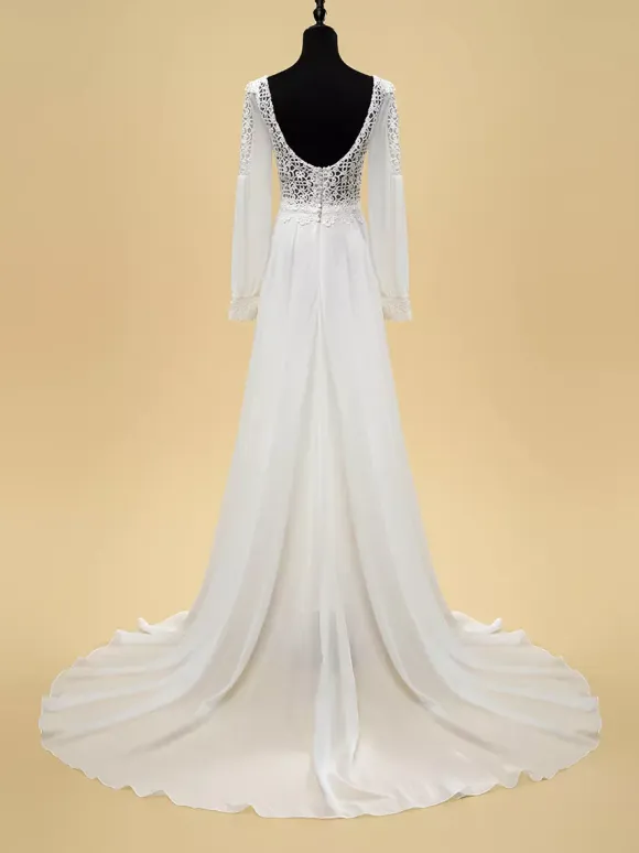 Simple Wedding Dress A-Line V-Neck Long Sleeves Cut Out 40cm Bridal Gowns