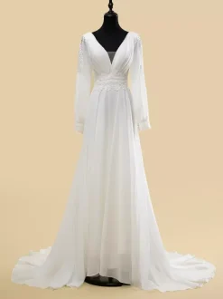 Simple Wedding Dress A-Line V-Neck Long Sleeves Cut Out 40cm Bridal Gowns
