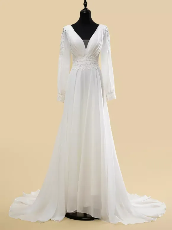 Simple Wedding Dress A-Line V-Neck Long Sleeves Cut Out 40cm Bridal Gowns