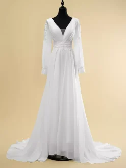 Simple Wedding Dress A-Line V-Neck Long Sleeves Cut Out 40cm Bridal Gowns