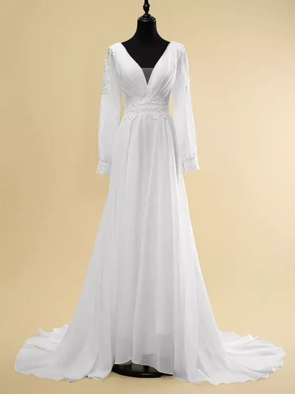 Simple Wedding Dress A-Line V-Neck Long Sleeves Cut Out 40cm Bridal Gowns