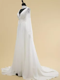 Simple Wedding Dress A-Line V-Neck Long Sleeves Cut Out 40cm Bridal Gowns