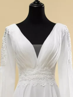 Simple Wedding Dress A-Line V-Neck Long Sleeves Cut Out 40cm Bridal Gowns