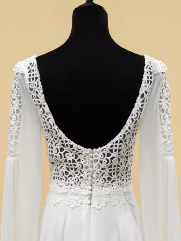 Simple Wedding Dress A-Line V-Neck Long Sleeves Cut Out 40cm Bridal Gowns