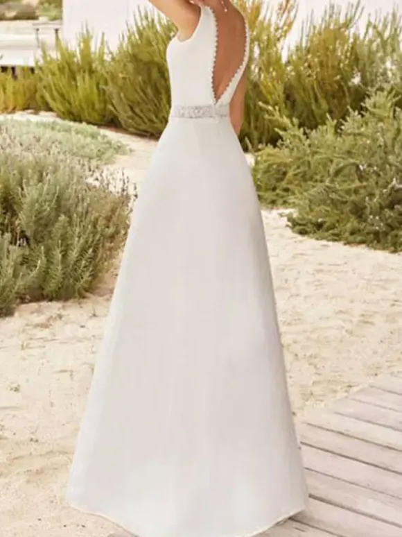 Simple Wedding Dress A-Line V-Neck Sleeveless Lace Bridal Dresses Free Customization