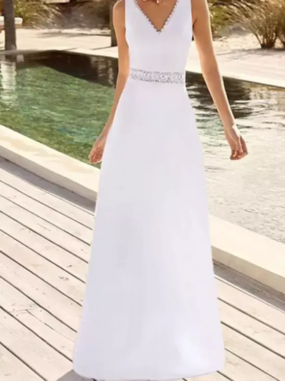 Simple Wedding Dress A-Line V-Neck Sleeveless Lace Bridal Dresses Free Customization