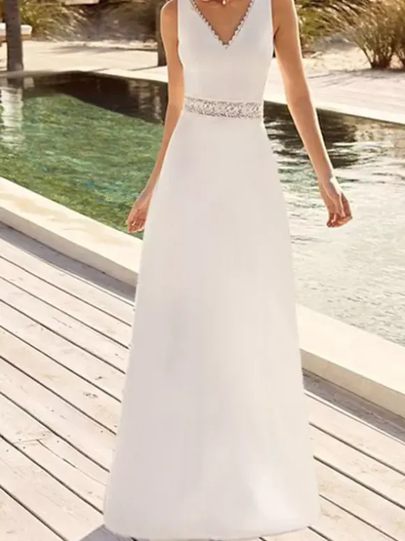 Simple Wedding Dress A-Line V-Neck Sleeveless Lace Bridal Dresses Free Customization