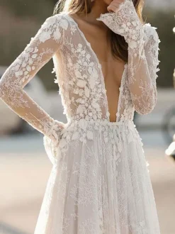 Simple Wedding Dress A Line V Neck Long Sleeves Lace Floor Length Bridal Gowns Free Customization